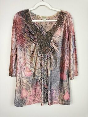 One World Top Womens XL Beaded Artsy Abstract Boho Pink Tan Paisley Daily Velvet
